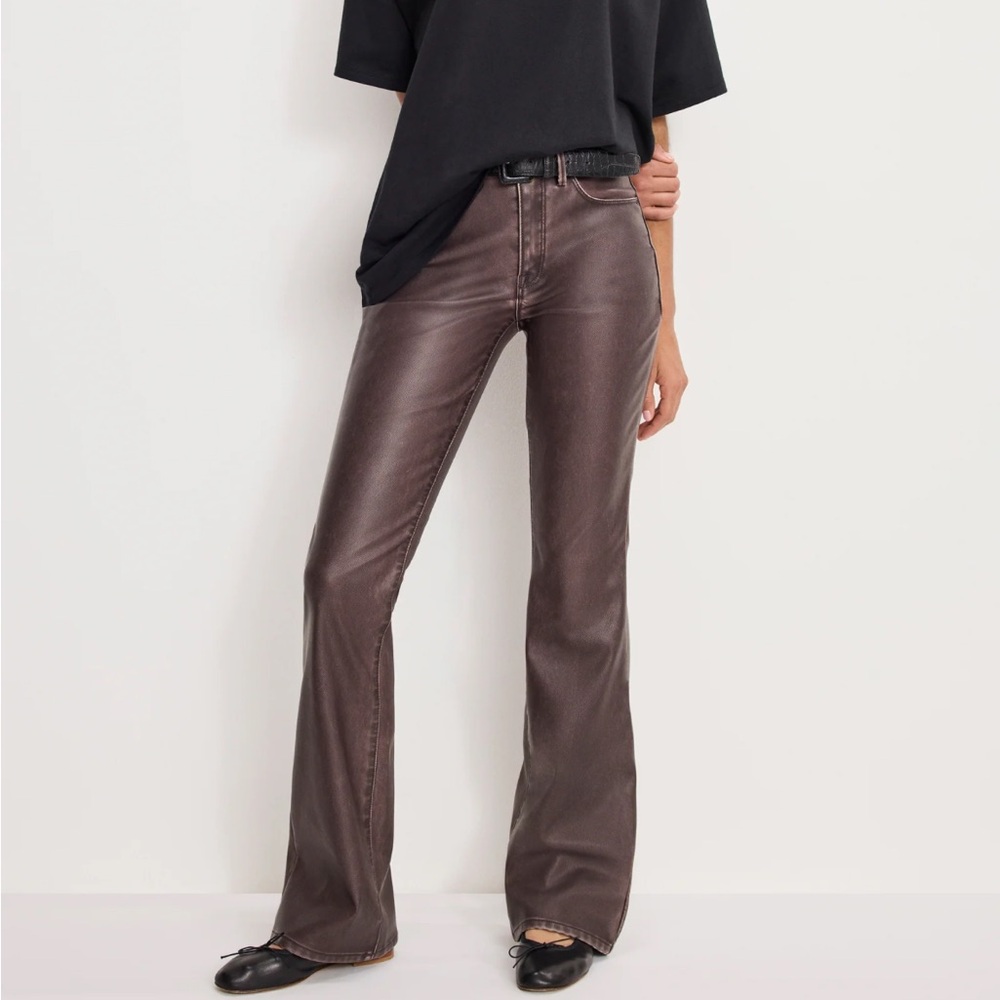Good American Dark Brown Faux Leather Flare Jeans